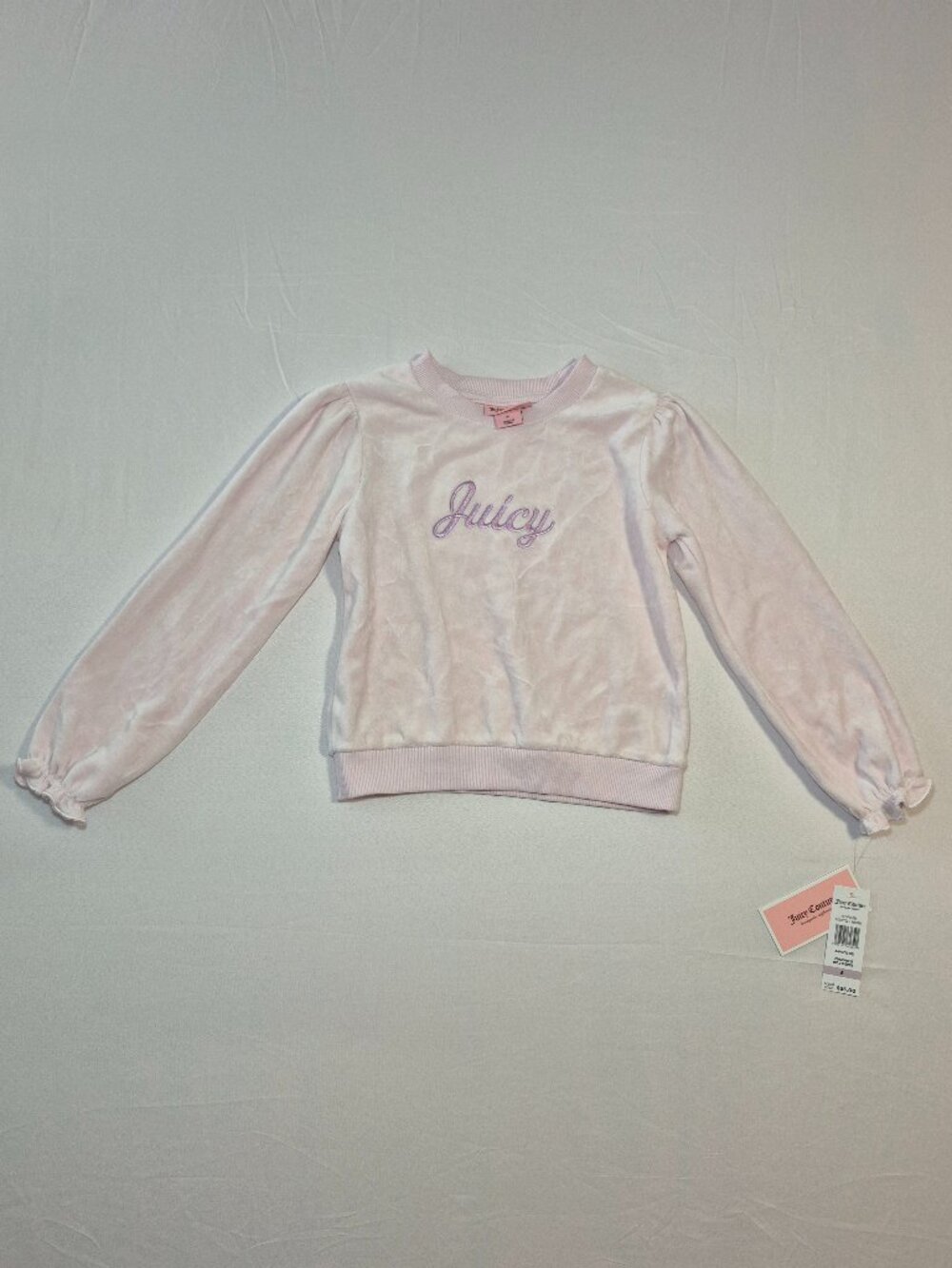 NWT Juicy Couture Girls Size 6 Pink Velour Puff Sleeve Logo Pullover Sweatshirt